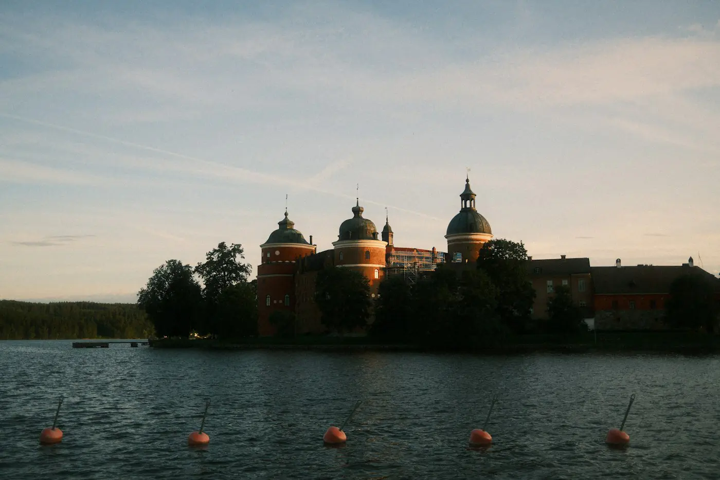 Gripsholm Castle's round brick towers on the shore of Lake Mälaren